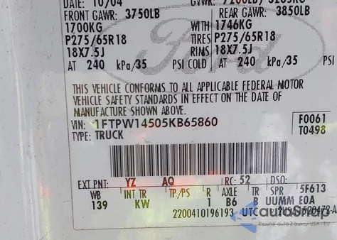 2005 Ford F-150 Fx4/Lariat/Xlt из США, поврежденный, VIN 1FTPW14505KB65860